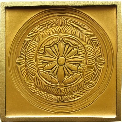 Prompt: ornate engraved carving of ( art deco leaves in a flat circular inset ) on a square gold panel