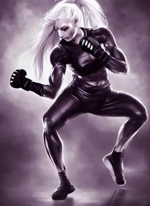 Image similar to a highly detailed illustration of fierce ponytail platinum blonde woman wearing black mma gear and gloves, dramatic boxing stance pose, fairly muscular, athletic, intricate, elegant, highly detailed, centered, digital painting, artstation, concept art, smooth, sharp focus, league of legends concept art, WLOP