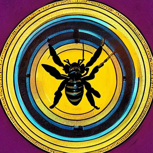 Image similar to a fierce dead bee in the middle of a bloody bullseye at the center of the crosshairs of a gun, art nouveau, fantasy illustration, tarot