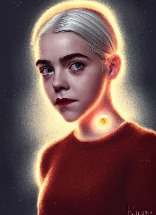 Image similar to portrait of kiernan shipka as sabrina spellman, freckles, white hair, 1 9 6 0 s bob hairstyle, hairstyle with bangs, hairband, intricate, elegant, glowing lights, highly detailed, digital painting, artstation, concept art, smooth, sharp focus, illustration, art by wlop, mars ravelo and greg rutkowski