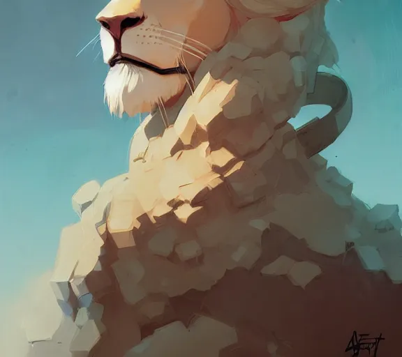 Prompt: portrait of lion knight, fantasy, by atey ghailan, by greg rutkowski, by greg tocchini, by james gilleard, by joe fenton, by kaethe butcher, by ashley wood, dynamic lighting, gradient light blue, brown, blonde cream and white color scheme, grunge aesthetic