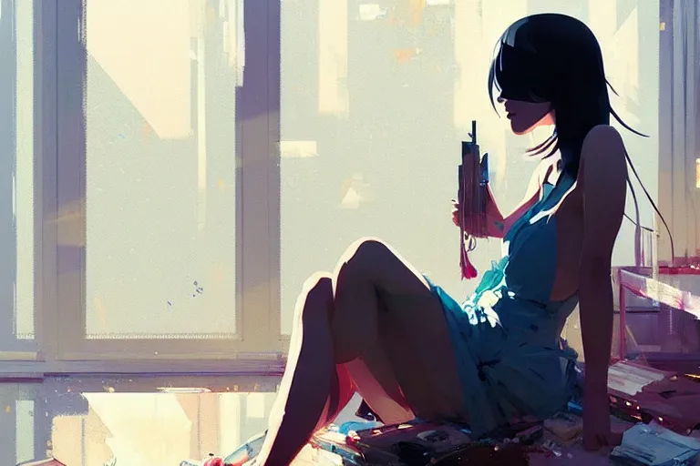 Prompt: a ultradetailed beautiful panting of a stylish woman sitting in a messy apartment, by makoto shinkai, conrad roset and greg rutkowski, trending on artstation