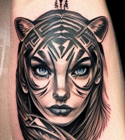 Prompt: tattoo design of a beautiful girl warrior below a tiger head, hyper realistic, realism tattoo, by eliot kohek, beautiful eyes, realistic face, black and white, white background