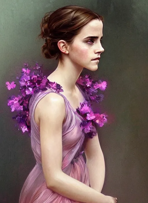 Image similar to emma watson wearing revealing pink and purple chiffon dress with flounces. beautiful detailed face. by artgerm and greg rutkowski and alphonse mucha