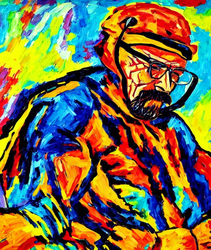 Image similar to expressionist painting of walter white on a motorbike, dynamic perspective, expressionist, colorful, clean