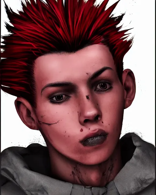 Image similar to young man with a short red mohawk, slim face, piercings, dressed in crustpunk clothing, headshot, attractive, handsome, model, trending on artstation, high quality art, character design, realism art, award winning art, clean face, by aaron griffin, in color, no makeup, no tattoos, no facial hair