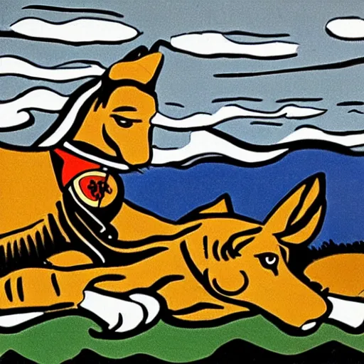 Image similar to Painting by Roy Lichtenstein of a german shepherd riding a horse 8k