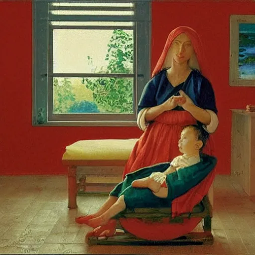 Image similar to A beautiful performance art harmony of colors, simple but powerful composition. A scene of peaceful domesticity, with a mother and child in the center, surrounded by a few simple objects. Colors are muted and calming, serenity and calm. ensō, scarlet by Ilya Repin, by Ron Mueck harrowing