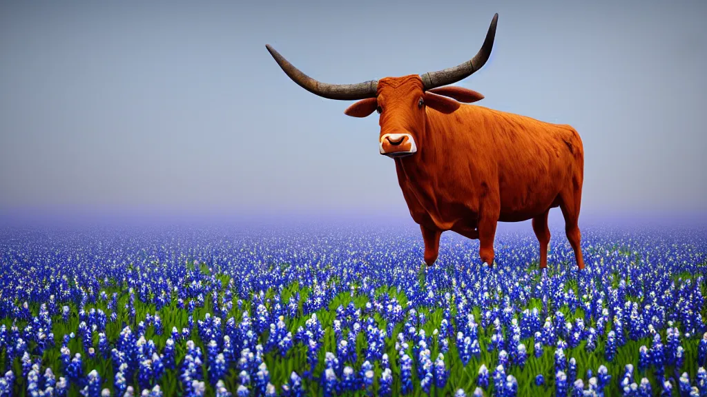 Prompt: award winning painting of a Texas longhorn standing in a field of bluebonnets early morning fog, digital art, insanely detailed, octane render, unreal engine