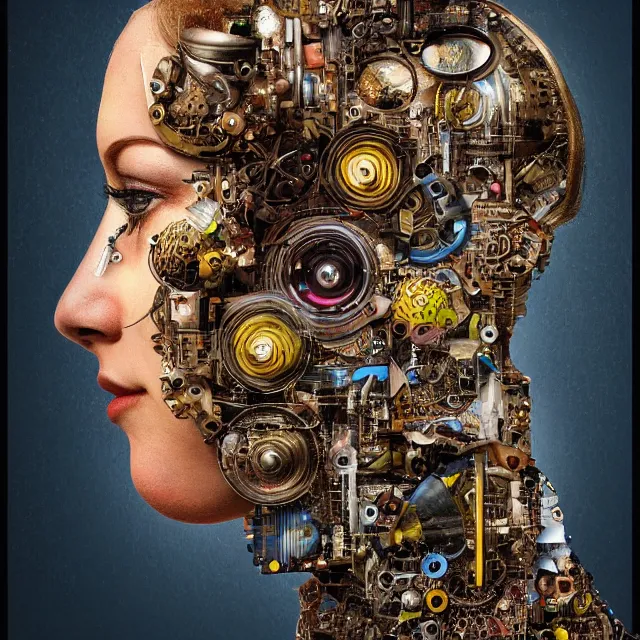 Prompt: profile portrait of a woman, computer parts, mechanical parts, by giuseppe arcimboldo, cyberpunk, futuristic, psychedelic, surreal, sci - fi, dreamlike.