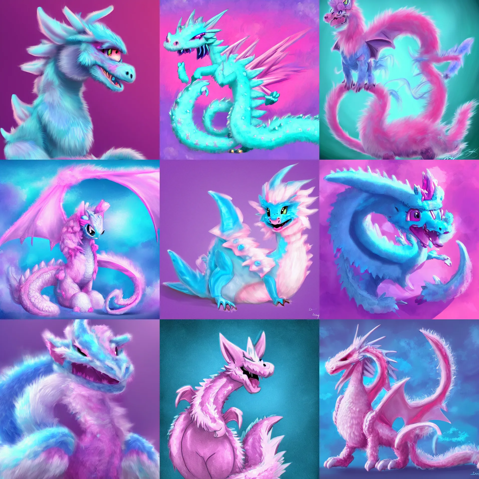 Prompt: a pink and blue cute fluffy dragon, digital art