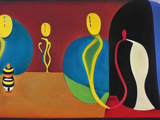 Prompt: oil painting of strange beings in a temple, Oskar Schlemmer, Joan Miro