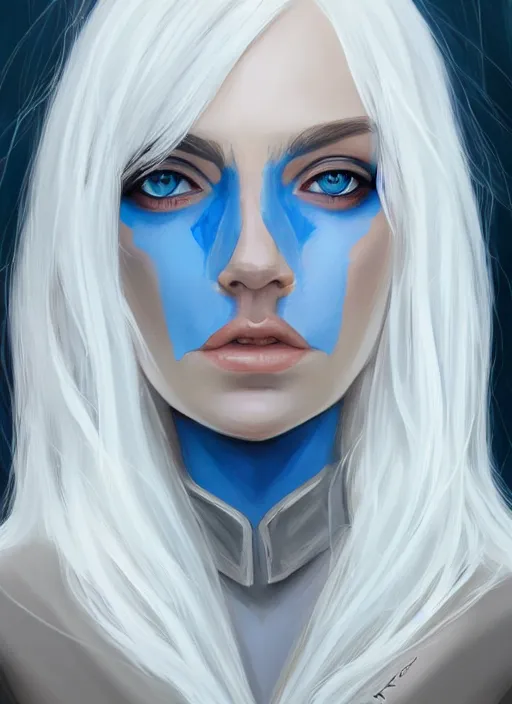 Prompt: portrait of a mysterious girl white silver hair and blue eyes wearing formal clothes, symmetrical face, perfect face details, digital painting, trending on artstation, deviantart, artgem, perfect composition, ross draws, wlop