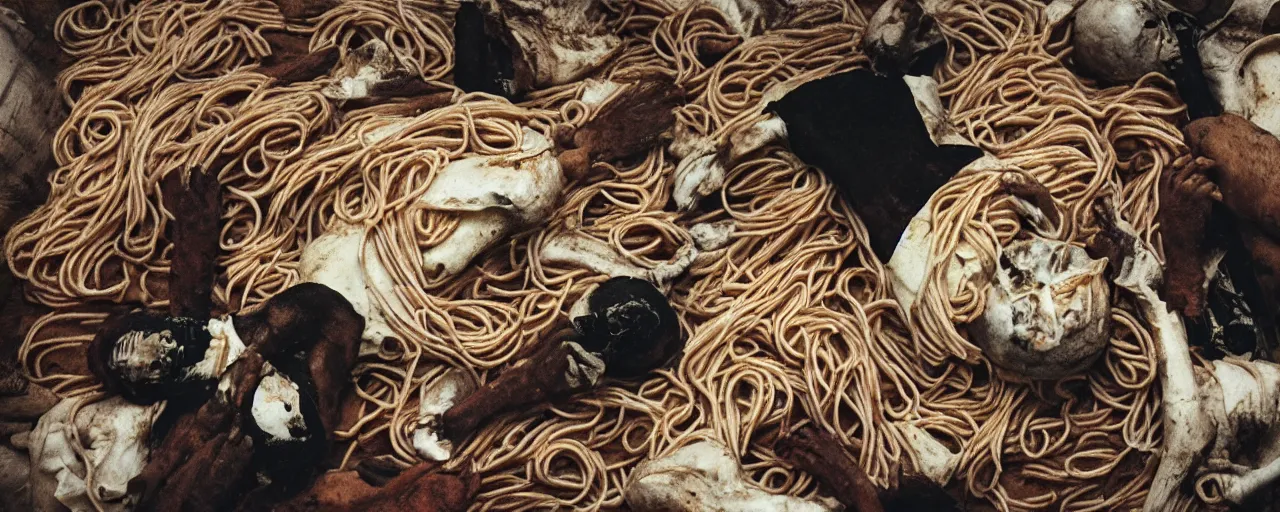 Image similar to the black death in the middle ages, dead bodies next to spaghetti, canon 5 0 mm, wes anderson film, kodachrome, retro