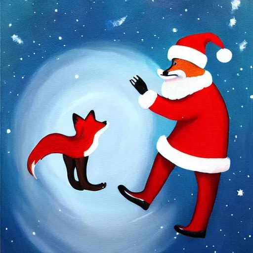 Image similar to fox animals who are wearing santa hats dancing on the moon, inspiring painting