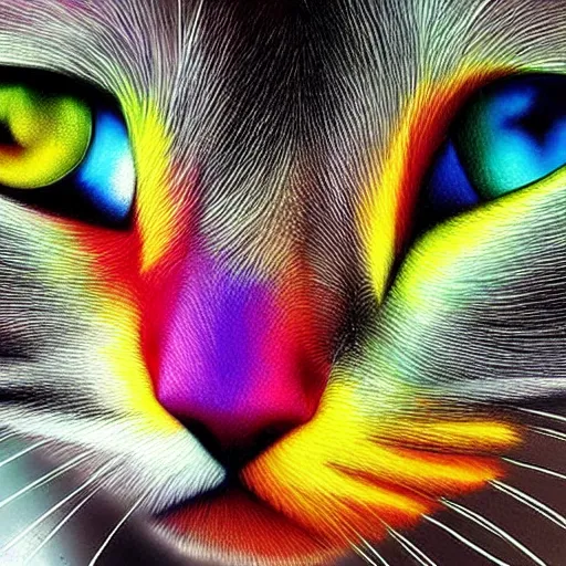 Prompt: hyper realistic detailed rainbow fur cat with fire coming out of it's eyes