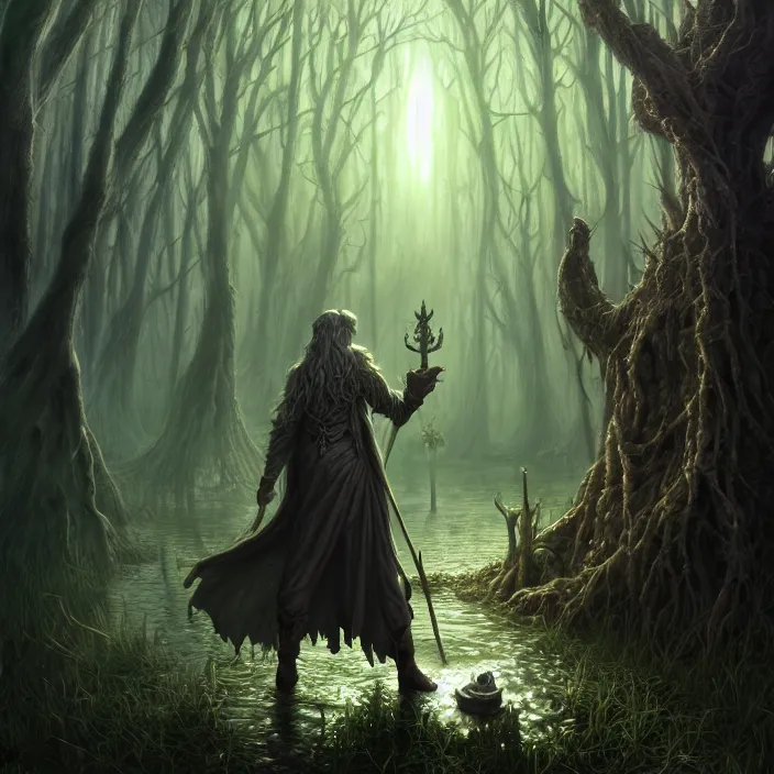 Prompt: mystical wizard in haunted swamp, highly detailed, d & d, fantasy, highly detailed, digital painting, trending on artstation, concept art, sharp focus, illustration, global illumination, ray tracing, realistic shaded, art by artgerm and greg rutkowski and fuji choko and viktoria gavrilenko and hoang lap