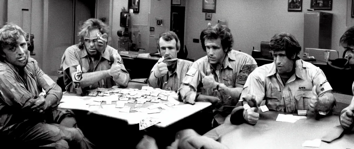 Prompt: a high quality extreme wide establishing shot hd 4 k film 3 5 mm color photograph of a group of grizzled caucasian male civilian military contractors sitting at a square table playing cards in a dimly lit breakroom smoking ciggarettes, one of them gives a sarcastic thumbs up towards the camera in 1 9 8 2