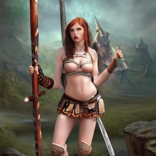 Prompt: amouranth as an attractive barbarian, artstation hall of fame gallery, editors choice, #1 digital painting of all time, most beautiful image ever created, emotionally evocative, greatest art ever made, lifetime achievement magnum opus masterpiece, the most amazing breathtaking image with the deepest message ever painted, a thing of beauty beyond imagination or words, 4k, highly detailed, cinematic lighting
