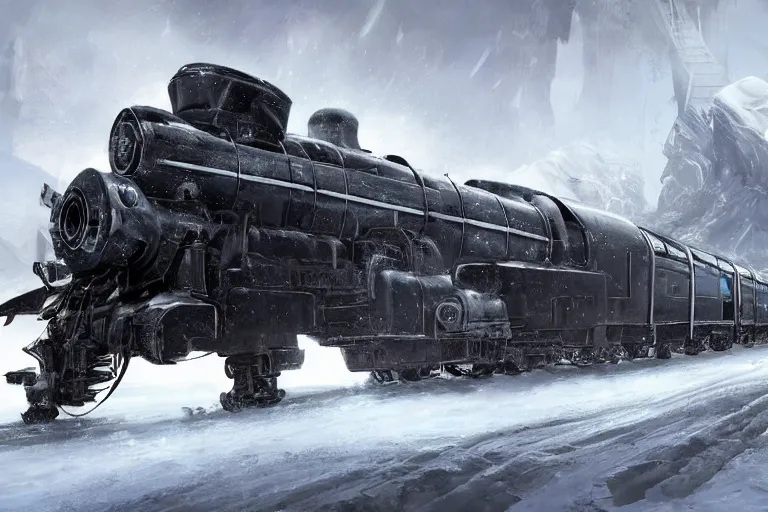 Image similar to a grand intricate futuristic black steam train next to a giant mammoth, post - apocalyptic ice landscape in snowstorm, concept art, artstation, highly detailed, digital art