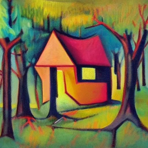 Prompt: a painting of a Eerie cabin in the middle of the woods in the style of Cubism