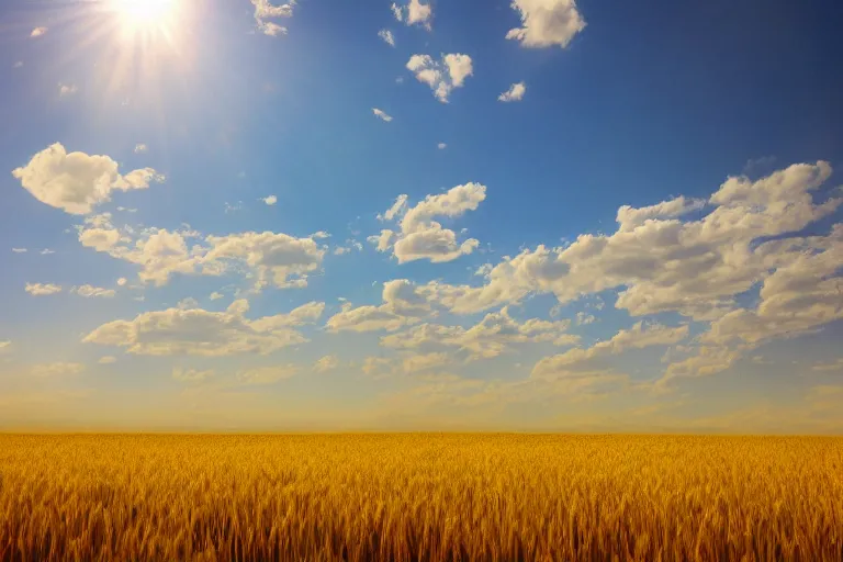 Prompt: photo of clear sky without clouds and a yellow wheat field, 8k, vibrant, beautiful, perfect light, photorealism, cinematic, highly detailed, symmetry, soft light