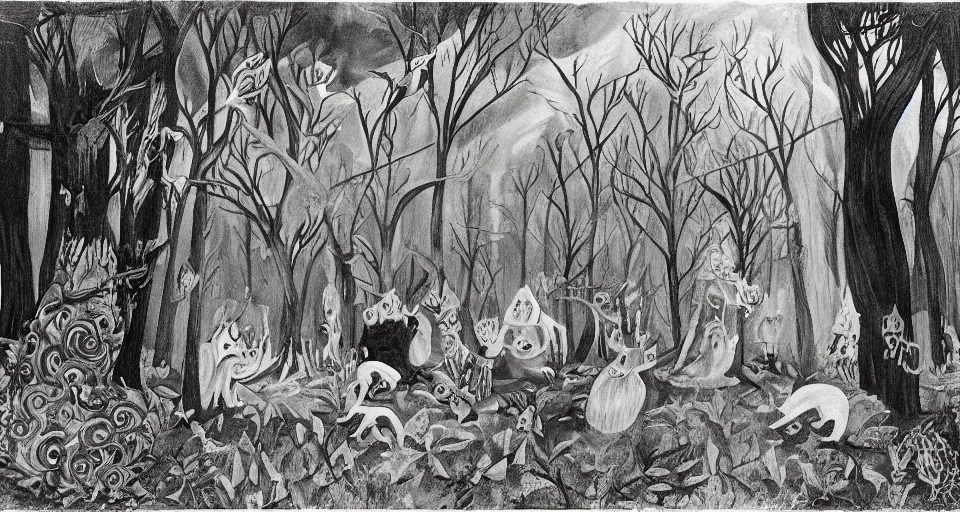 Prompt: Enchanted and magic forest, by Charles Addams