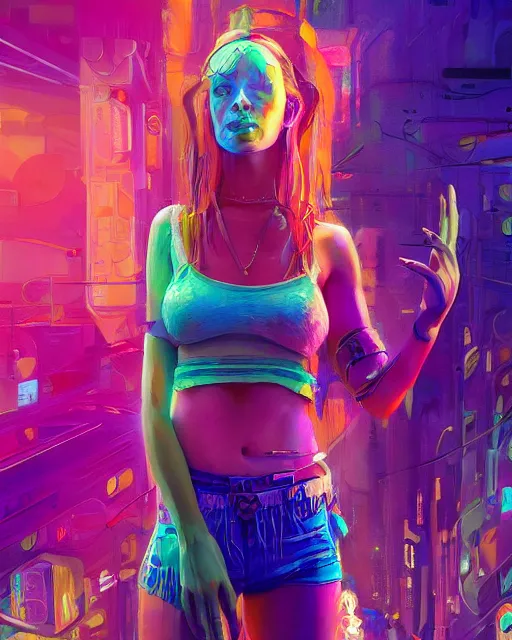 Prompt: colorful full body portrait of a hippie, set in the future 2 1 5 0 | highly detailed | very intricate | symmetrical | professional model | cinematic lighting | award - winning | painted by mandy jurgens | pan futurism, dystopian, bold colors, cyberpunk, groovy vibe, anime aesthestic | featured on artstation