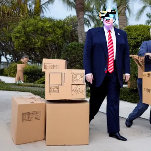 Prompt: donald trump leaving mar - a - lago with cardboard boxes, lego,