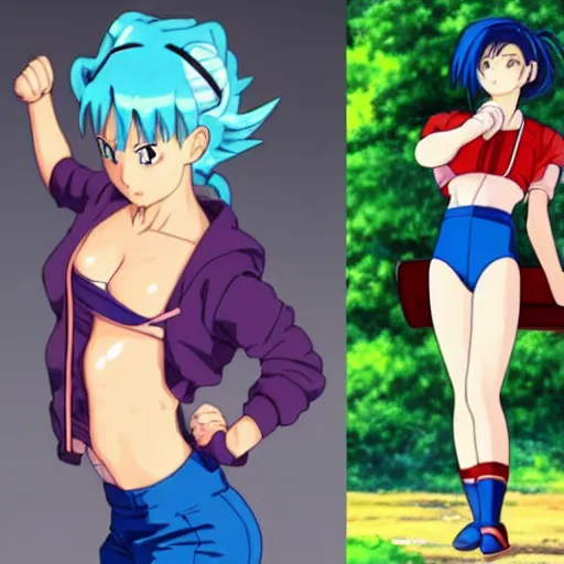 Image similar to a beautiful! boyish! natalie portman bulma from dragonball, alluring gravure! model, wearing hip hop mayan bomber jacket and leotard with native style overalls, bulky poofy bomber jacket with mayan patterns, guilty gear art style, trending on pixiv, painted by makoto shinkai takashi takeuchi studio ghibli, akihiko yoshida