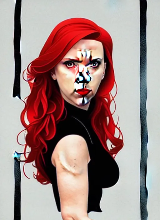 Image similar to phil noto, pretty scarlett johansson black widow, symmetrical eyes, long red hair, full body, city rooftop