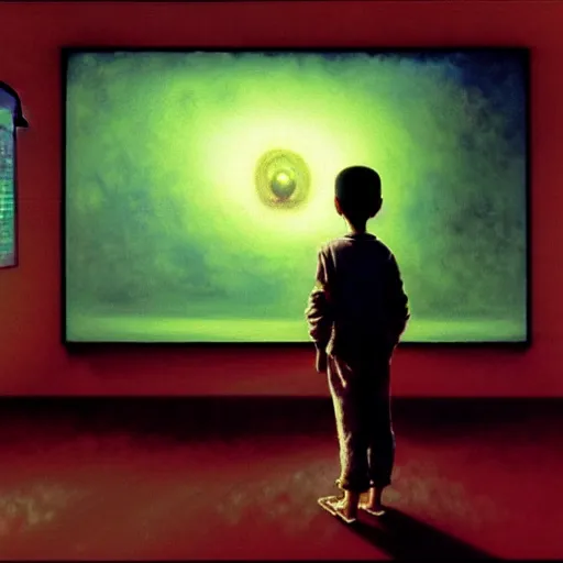 Image similar to 8k professional photo of an 8 years old enlightened and scared boy standing in front of an old computer from 90s with a game doom2 at the monitor screen in a vr vaporvawe space, Beksinski impasto painting, part by Adrian Ghenie and Gerhard Richter. art by Takato Yamamoto, masterpiece. still from a movie by Gaspar Noe and James Cameron