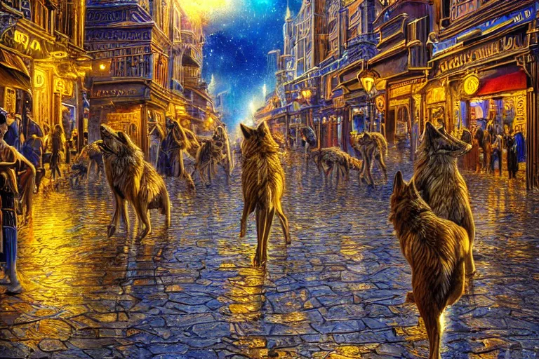 Prompt: the great city of ebora once glittered with gold its streets are stalked by wolves. photo - realistic hd, hyperrealism, colourful, highly detailed, cinematic, luminescence, 3 2 k, dop, high contrast, intricate, mystery, epic, fantasy