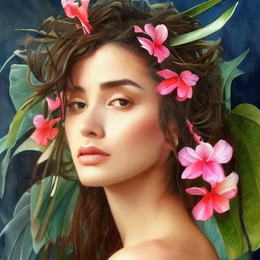 Prompt: Tropical Flowers, Watercolor, photorealistic, high resolution, award winning, trending on artstation, olive skin, long dark hair, beautiful bone structure, intricate, elegant, highly detailed, digital painting, artstation, concept art, smooth, sharp focus, illustration, art by artgerm and greg rutkowski and alphonse mucha