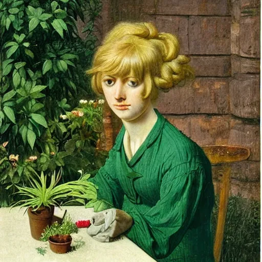 Image similar to painting by Caspar David Friedrich of a beautiful blonde woman with shoulder length hair in a forest green dress putting colorful succulents into rainbow pots at a square table