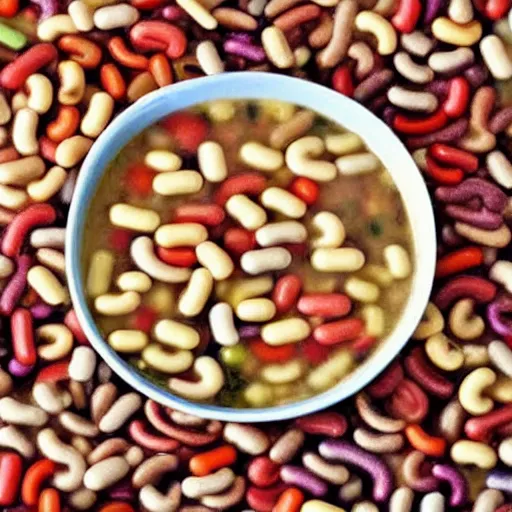Prompt: a bowl of alphabet soup that spells cool beans