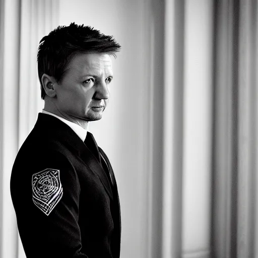 Prompt: jeremy renner as a security guard for the white house, photorealistic, cinematic lighting