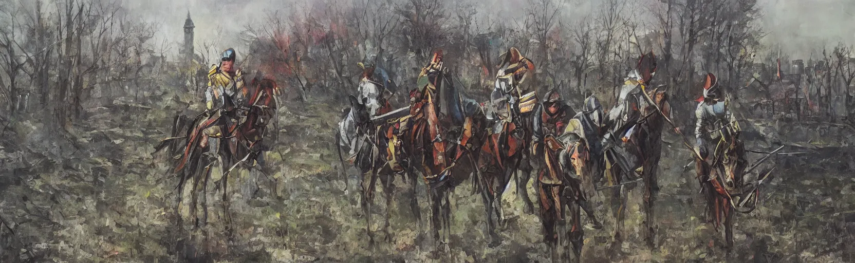 Image similar to horseback knights at scenic overlook; cloudy, grey skies, walled fort city deteriorating office buildings in background on hill; forest; la Bastille, post apocalyptic, grungy; oil on canvas, colorful, artstation