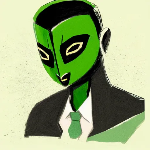 Image similar to dark - skinned superhero with a black suit and very minimal green details, his power comes from a ring that gives him feline - like powers and a spectacular mask that turns the iris of his eyes green. he has beard. as a weapon he has an expandable staff. he wears no cape. he has a belt as a feline tail, digital art