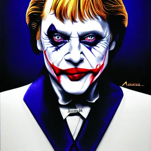 Image similar to angela merkel is the joker, airbrush art, drew struzan illustration art, key art, portrait