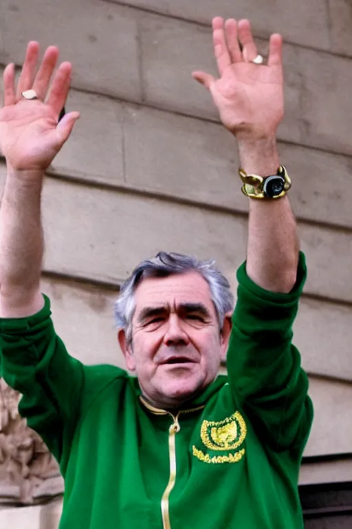 Image similar to gordon brown, dark black hair, wearing a green umbro tracksuit and gold necklace star shaped medallion, hands raised in the air,