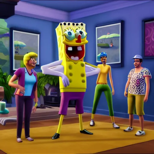 Image similar to SpongeBob with real sims in the sims 4 game, hyper realism, depth of view 8k. , connected trough wired, on a advanced lab, octane render, 4k, 8k, unreal 5, very detailed, hyper realism, trending on artstation.