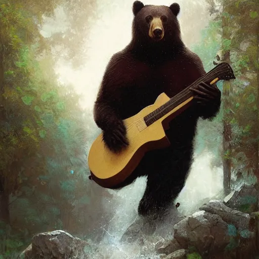 Image similar to realistic bear playing angular guitar, fantasy character portrait by Greg Rutkowski, Craig Mullins, Gaston Bussiere