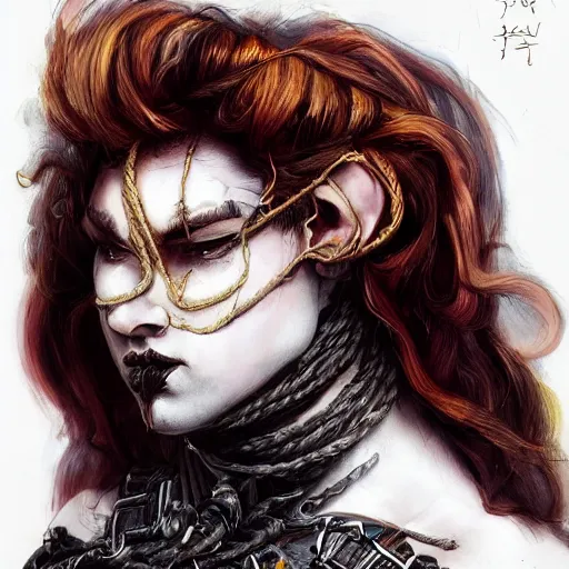 Image similar to portrait of a Shibari rope wrapped face and neck, headshot, insanely nice professional hair style, dramatic hair color, digital painting, of a old 15th century, old cyborg merchant, amber jewels, baroque, ornate clothing, scifi, realistic, hyperdetailed, chiaroscuro, concept art, art by Franz Hals and Jon Foster and Ayami Kojima and Amano and Karol Bak,