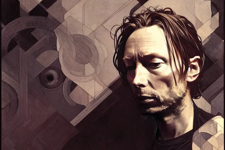 Image similar to hyper realistic portrait of thom yorke singer songwriter, side, liminal space, by lee bermejo, alphonse mucha and greg rutkowski