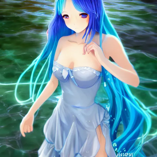 Image similar to a very beautiful anime girl wearing a dress made of water standing in a reflective crystal lake , full body, long azure blue hair, azure blue watery eyes, full round face, seductive over the shoulder stare, cinematic lighting, full body shot, highly realistically detailed, trending on artstation, Unreal Engine 4k, Stanley Artgerm Lau, WLOP, Rossdraws, James Jean, Andrei Riabovitchev, Marc Simonetti, and Sakimichan