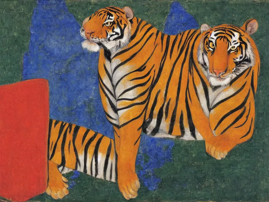 Image similar to portrait of a tiger. lapis lazuli, malachite, cinnabar, gold. painting by piero della francesca, balthus, agnes pelton