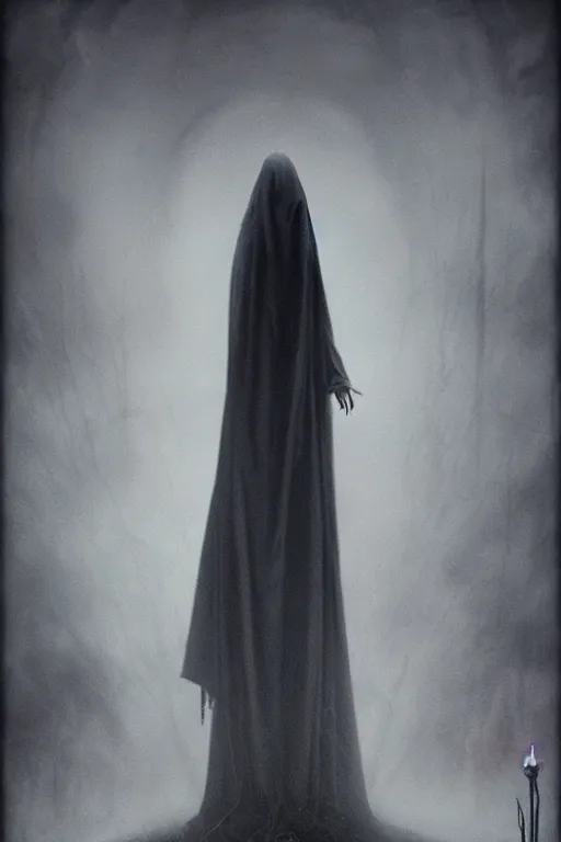 Prompt: beautiful eerie gothic fog atmosphere horror poster with a sinister looking spawn, art direction by Zdizslaw Beksinski and Darius Zawadzki, Artgerm, Artstation trending; cinematic quality character render; low angle; ultra high quality model; production quality cinema model;