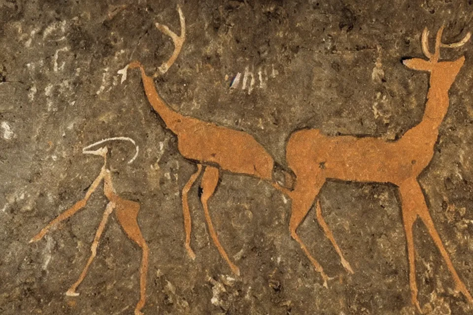 Prompt: a cave painting of a deer and a robot. lascaux cave paintings, cahuvet