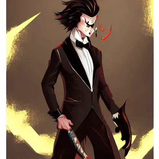 Image similar to A Male Devil wear a black tuxedo in hell,environment, Artstation